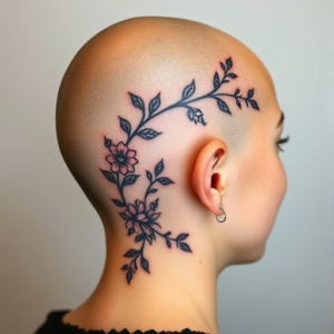 Head tattoo with a subtle floral vine wrapping