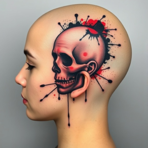 Head tattoo with abstract ink splatters