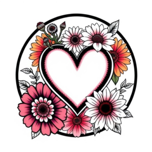 Heart with flowers aster and marigold surrounded by circle