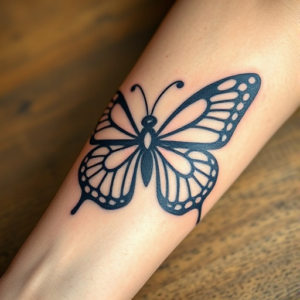 Intricate butterfly in flight, forearm tattoo