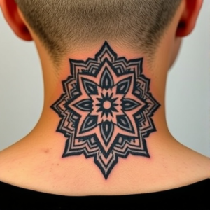 Intricate geometric pattern at the nape tattoo