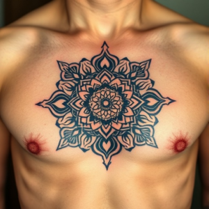 Intricate mandala design on chest tattoo