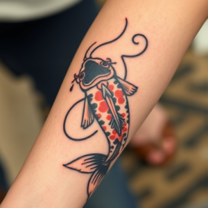 Japanese koi fish swimming up, forearm tattoo