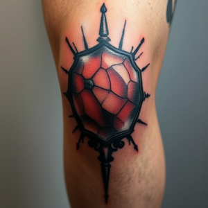 Knee tattoo of a cracked mirror reflecting light