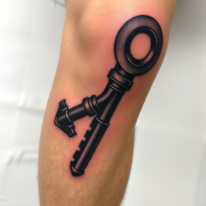 Knee tattoo of a mechanical key turning