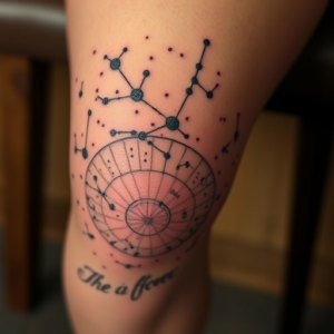 Knee tattoo of a scattered constellation map