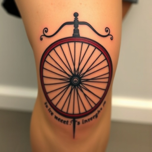 Knee tattoo of a vintage bicycle wheel