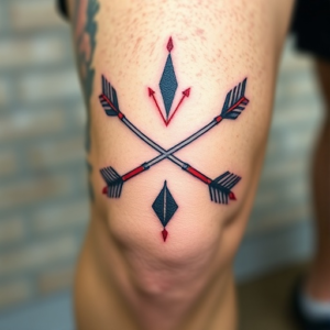 Knee tattoo with a pair of crossed arrows