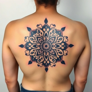 Low back tattoo featuring a swirling mandala