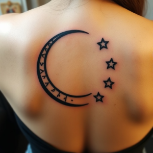 Low back tattoo of a crescent moon with stars