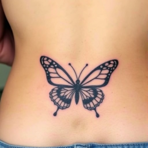 Low back tattoo of a delicate butterfly near the waist