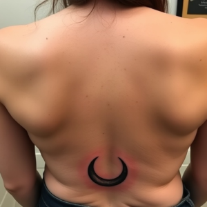 Low back tattoo of crescent moon at the base