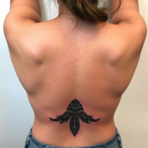 Low back tattoo of feather design at the bottom