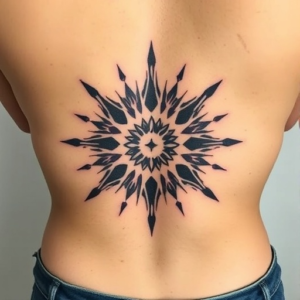 Low back tattoo of geometric sunburst near hips