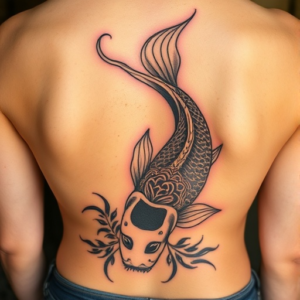 Low back tattoo of koi fish at the bottom