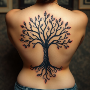 Low back tattoo of tree of life near the hips