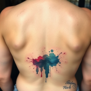 Low back tattoo with watercolor splash across the bottom