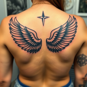 Low back tattoo with wings across the lower back