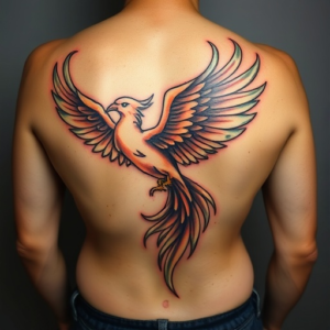 Lower back tattoo featuring a phoenix in flight