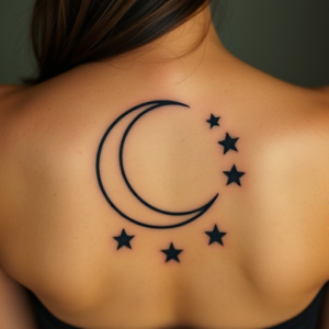 Lower back tattoo of a crescent moon and stars