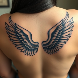 Lower back tattoo of a pair of angel wings