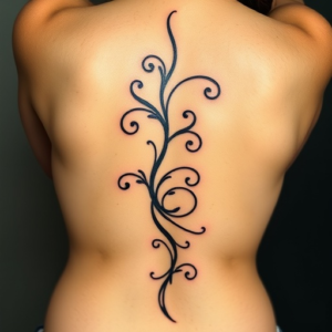 Lower back tattoo with a swirling vine design