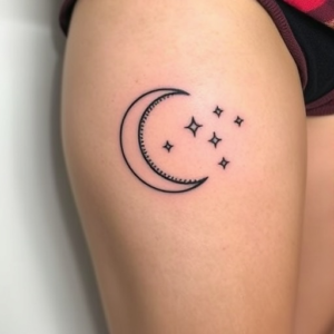 Minimalist crescent moon and stars, thigh tattoo