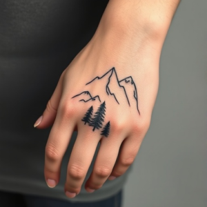 Minimalist hand tattoo of mountains