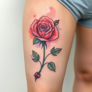 Minimalist rose thigh tattoo, watercolor accents