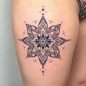 Modern dotwork geometric design, thigh tattoo