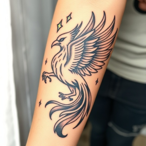 Mythical phoenix rising in flames, forearm tattoo