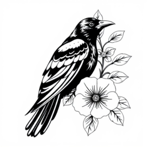 Raven with dogwood flowers