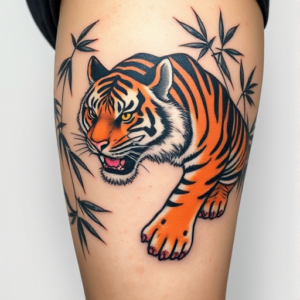 Realistic tiger prowling through bamboo, thigh tattoo