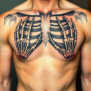 Skeleton hands reaching out on chest tattoo