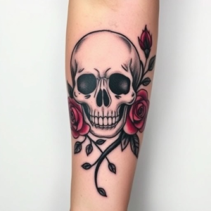 Skull entwined with roses, dark forearm tattoo