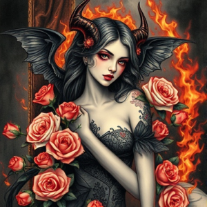 Succubus girl around fire and roses