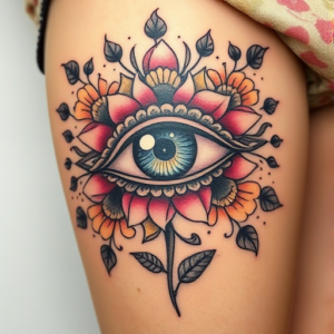 Surrealist eye surrounded by floral elements, thigh tattoo