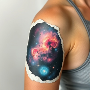Torn paper revealing a galaxy, arm tattoo