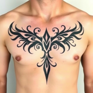 Tribal pattern flowing across the chest tattoo