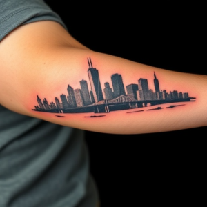 Urban skyline silhouette across the arm tattoo