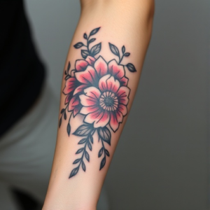 Vibrant floral arrangement, detailed forearm tattoo