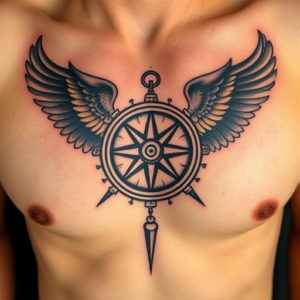 Vintage compass placed on the chest tattoo