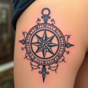 Vintage compass with intricate details, thigh tattoo