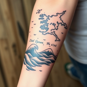 Vintage map with ocean waves, forearm tattoo