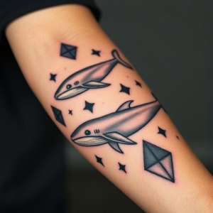 Whales swimming among geometric shapes, arm tattoo