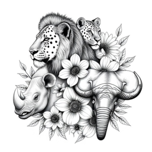 a sleeve from chest to wrist with with a lion, leopard, elephant, rhino and a buffalo mixed with the birth flowers of may, November and december