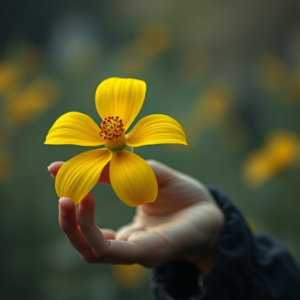 a stranger holds a flower in his paw, a flower of bright yellow color, a stranger from the movie allien