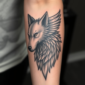 a tattoo on the right forearm that is a wolf head with a eagle wing be hide it going up the forearm