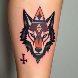 Calf tattoo featuring a geometric wolf’s head