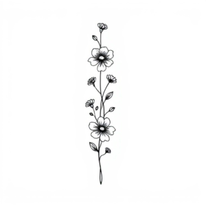 fine line spine tattoo with the birth flowers or the months february, october, and december